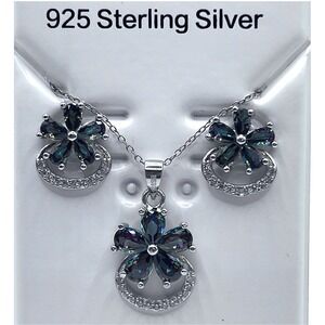 S925 Solid Sterling Silver Floral Necklace Earrings Set Iridescent Stones